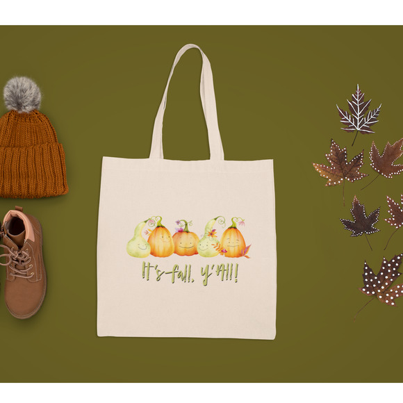 Handmade Handbags - New Hand Printed It's Fall Y'all Pumpkin Gourd Autumn Canvas Shopper Tote Bag